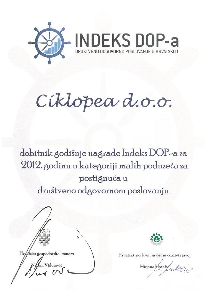 CSR Award for 2012 - Indeks DOP | News | Blog | Ciklopea